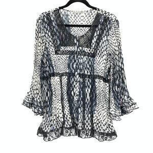 Signature By Larry Levine 3/4 Flared Sleeve Blouse Sz XL Lace Detail Snake Print